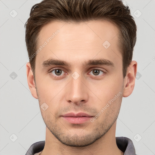 Neutral white young-adult male with short  brown hair and brown eyes