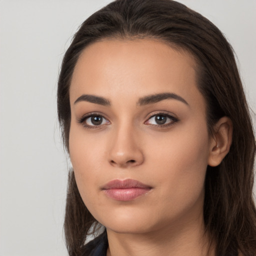 Neutral white young-adult female with long  brown hair and brown eyes