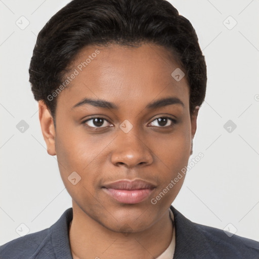 Joyful black young-adult female with short  brown hair and brown eyes