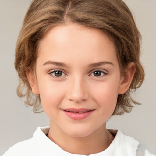 Joyful white child female with medium  brown hair and brown eyes