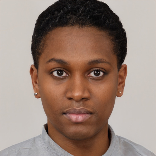 Neutral black young-adult female with short  black hair and brown eyes