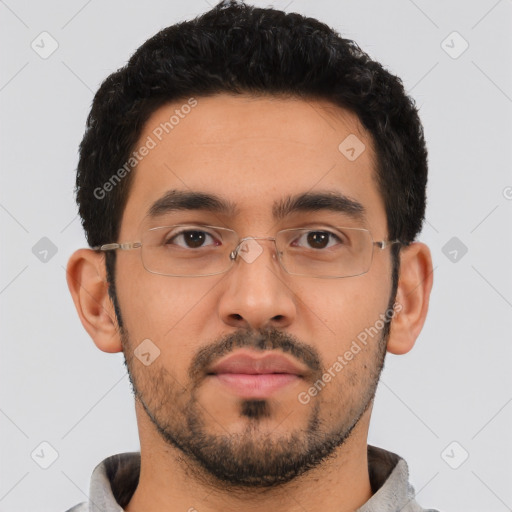 Neutral latino young-adult male with short  black hair and brown eyes