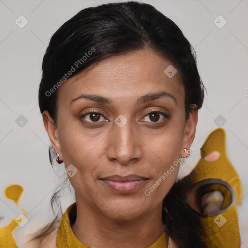 Joyful latino young-adult female with medium  brown hair and brown eyes