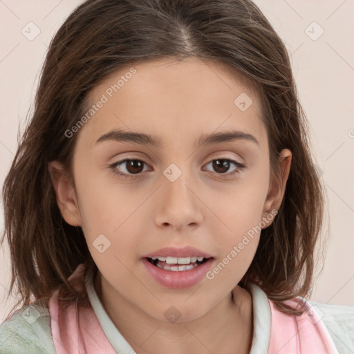 Joyful white child female with medium  brown hair and brown eyes