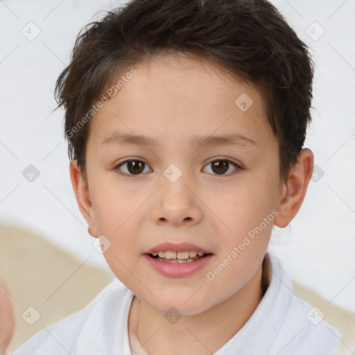 Joyful white child female with short  brown hair and brown eyes