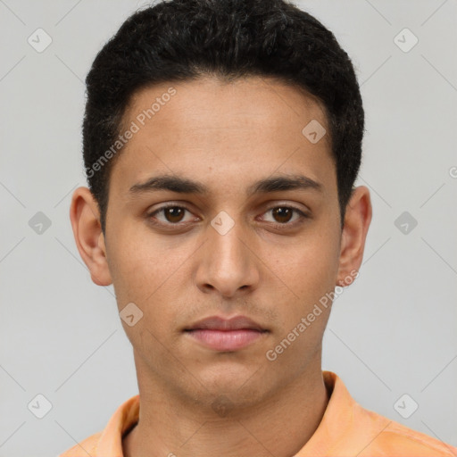 Neutral latino young-adult male with short  brown hair and brown eyes