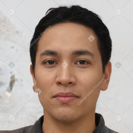 Neutral asian young-adult male with short  black hair and brown eyes