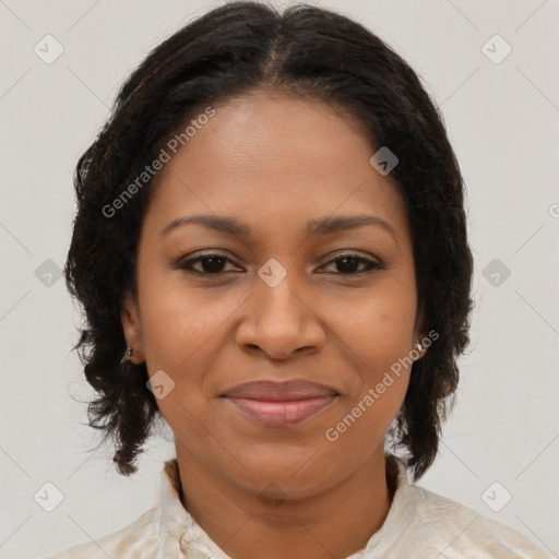 Joyful black young-adult female with medium  brown hair and brown eyes