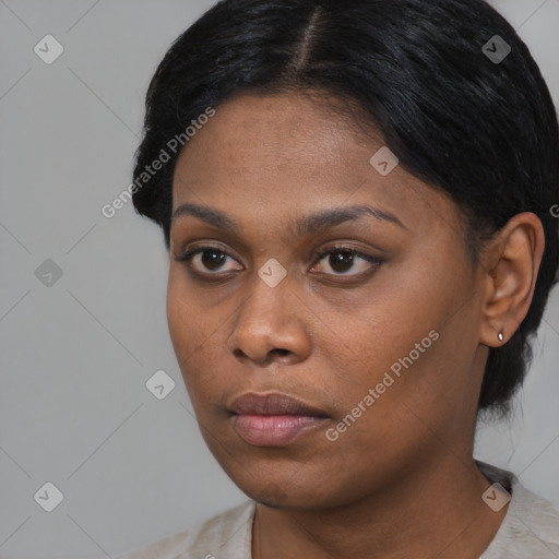 Neutral black young-adult female with short  black hair and brown eyes