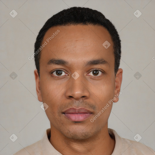 Neutral latino young-adult male with short  black hair and brown eyes