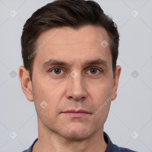 Neutral white adult male with short  brown hair and brown eyes