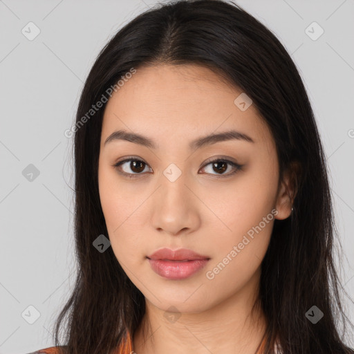 Neutral asian young-adult female with long  brown hair and brown eyes