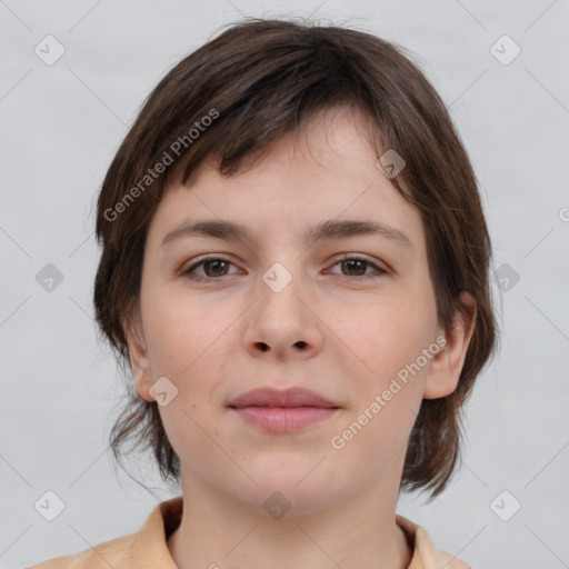 Neutral white young-adult female with medium  brown hair and brown eyes