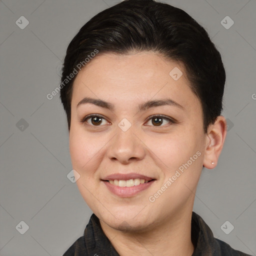 Joyful white young-adult female with short  brown hair and brown eyes