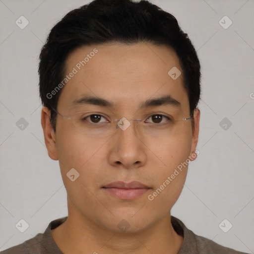 Neutral asian young-adult male with short  black hair and brown eyes