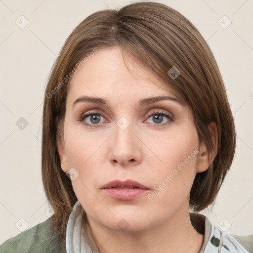 Neutral white young-adult female with medium  brown hair and grey eyes