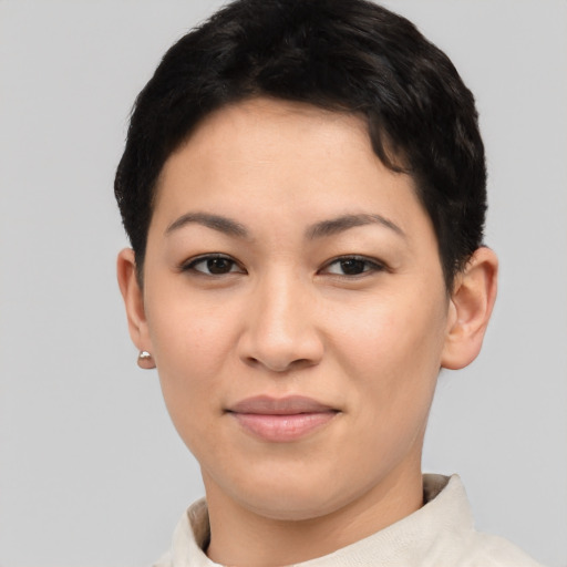 Joyful asian young-adult female with short  brown hair and brown eyes