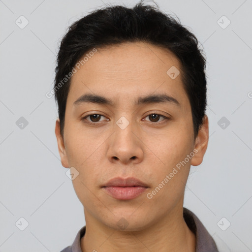 Neutral asian young-adult male with short  brown hair and brown eyes