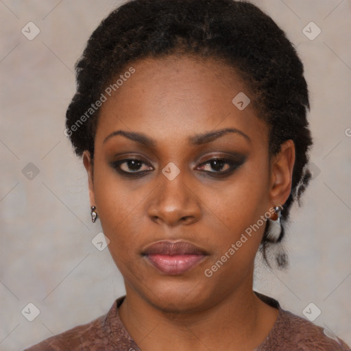 Neutral black young-adult female with short  black hair and brown eyes