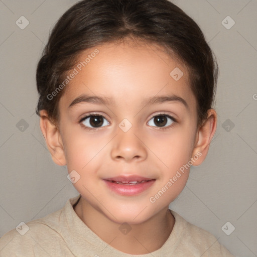 Joyful white child female with short  brown hair and brown eyes