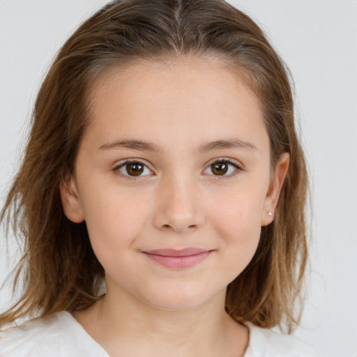 Joyful white child female with medium  brown hair and brown eyes