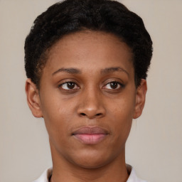 Neutral black young-adult female with short  brown hair and brown eyes