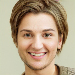 Joyful white young-adult female with short  brown hair and green eyes