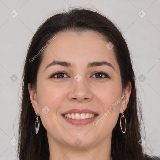 Joyful white young-adult female with long  brown hair and brown eyes