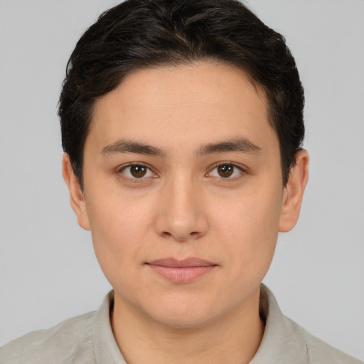 Neutral white young-adult male with short  brown hair and brown eyes