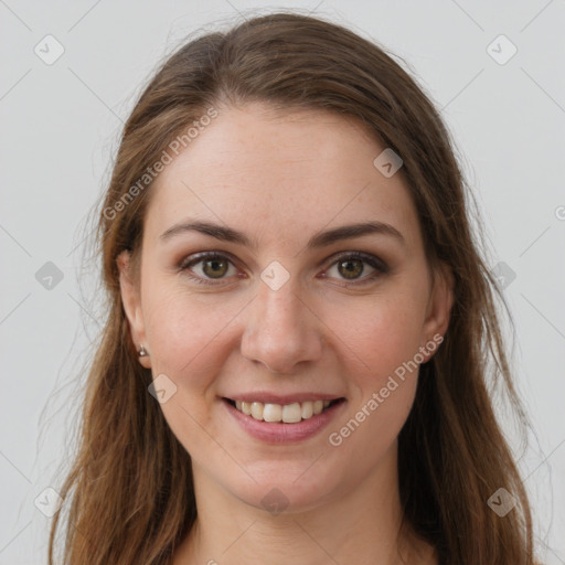 Joyful white young-adult female with long  brown hair and green eyes