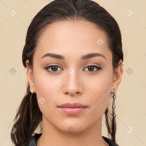 Neutral white young-adult female with long  brown hair and brown eyes