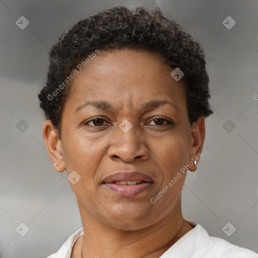 Joyful black adult female with short  brown hair and brown eyes