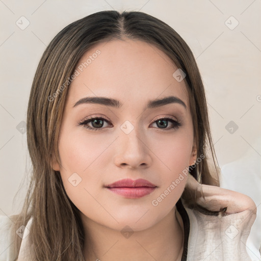 Neutral white young-adult female with medium  brown hair and brown eyes