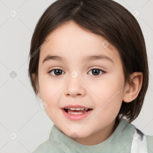 Joyful white child female with medium  brown hair and brown eyes