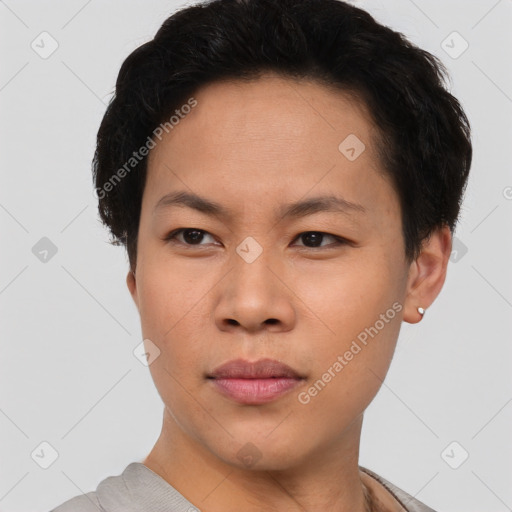 Neutral asian young-adult male with short  brown hair and brown eyes