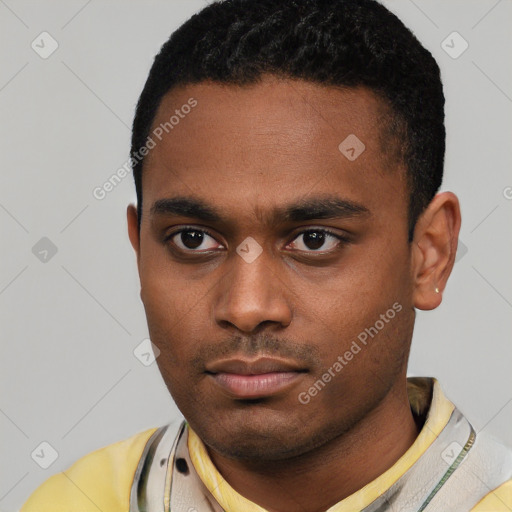 Neutral latino young-adult male with short  black hair and brown eyes