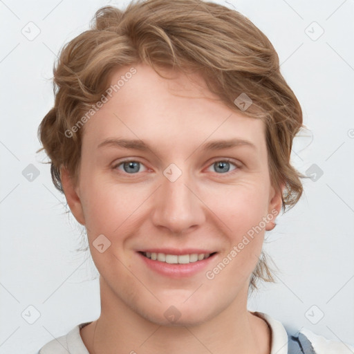 Joyful white young-adult female with medium  brown hair and blue eyes