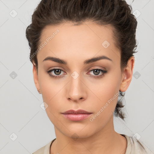 Neutral white young-adult female with short  brown hair and brown eyes