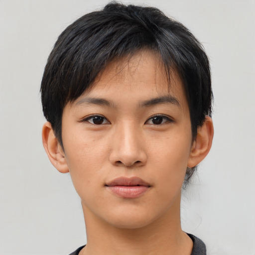 Neutral asian young-adult female with short  black hair and brown eyes