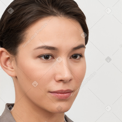 Neutral white young-adult female with short  brown hair and brown eyes