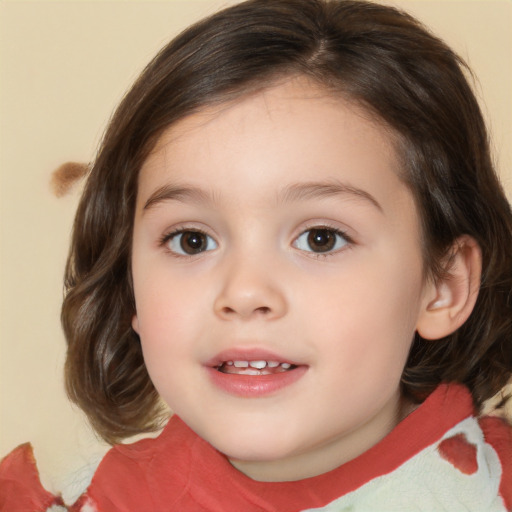 Joyful white child female with medium  brown hair and brown eyes