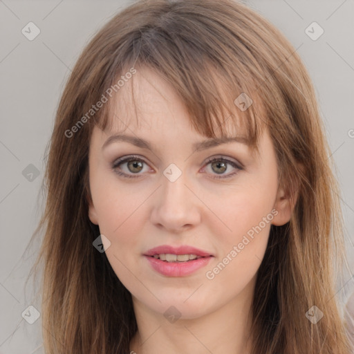 Joyful white young-adult female with long  brown hair and grey eyes