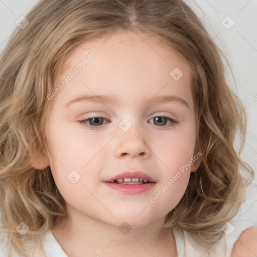 Joyful white child female with medium  brown hair and blue eyes