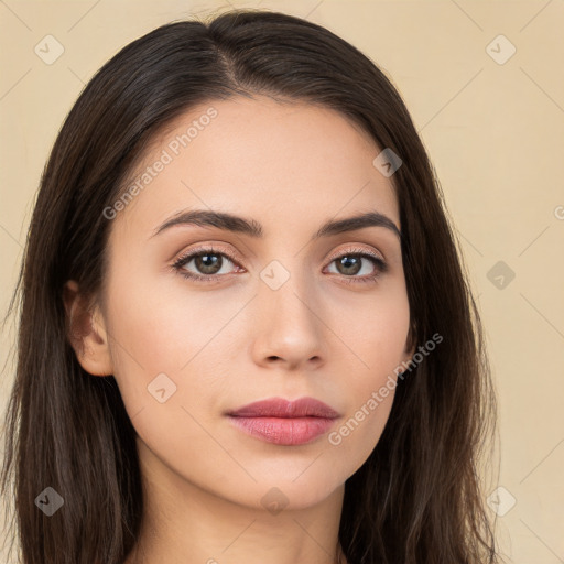 Neutral white young-adult female with long  brown hair and brown eyes