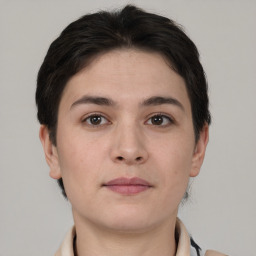 Neutral white young-adult female with short  brown hair and brown eyes