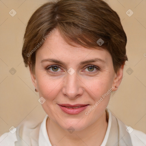 Joyful white adult female with medium  brown hair and grey eyes