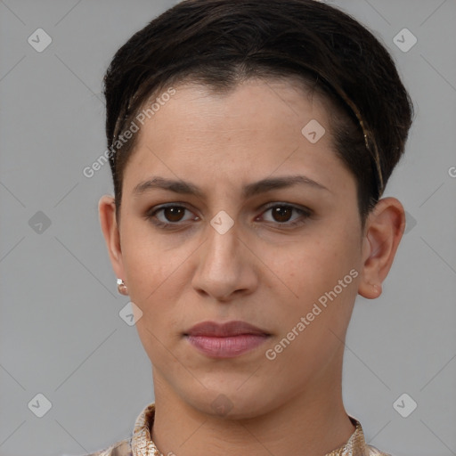 Joyful white young-adult female with short  brown hair and brown eyes