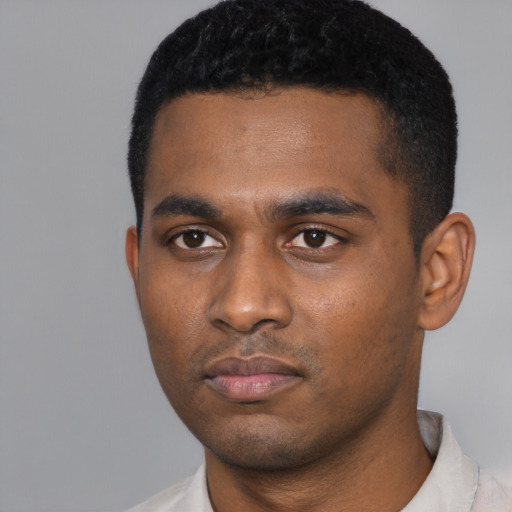 Neutral black young-adult male with short  black hair and brown eyes