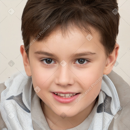 Joyful white child female with short  brown hair and brown eyes