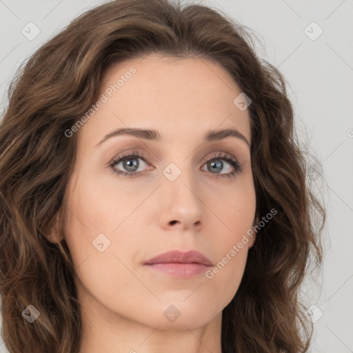 Neutral white young-adult female with long  brown hair and brown eyes